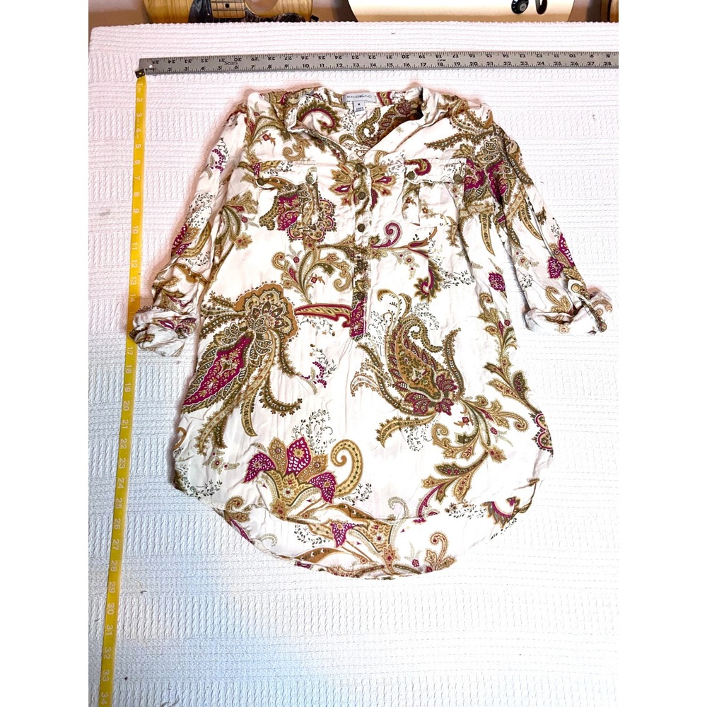 Bandolino Womens Paisley Rayon Roll Tab Sleeve Tunic Blouse Cream Gold Small